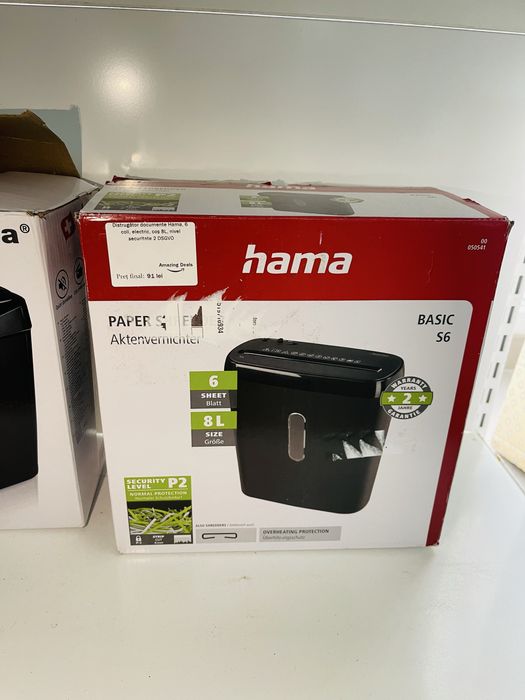 Distrugator de Documente Hama, 6 Coli , 8L ,Nivel Securitate 2