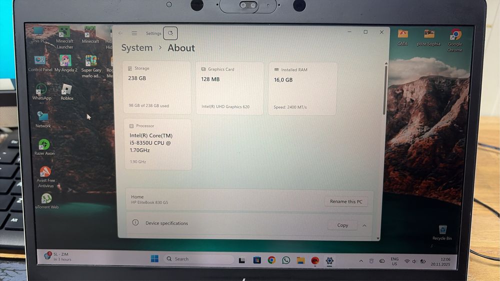 Laptop HP Eliteboog 830G5 / i5-gen8 / 250ssd / 16 GB Ram