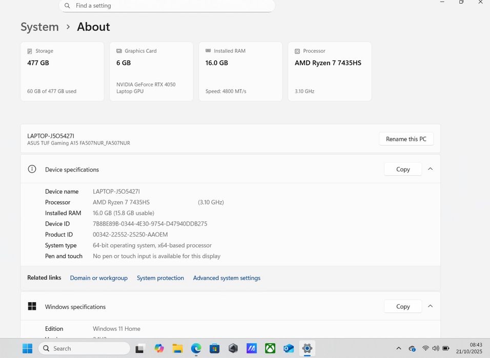 Laptop ASUS TUF RYZEN 7 GTX 4050 16 gb