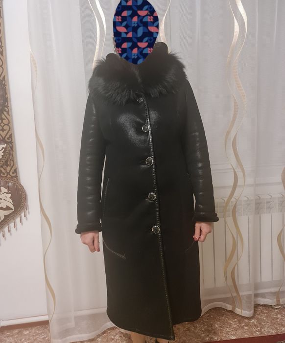 Дублёнка чёрная с капюшоном, бренд Bella Rossa, искусственный мех