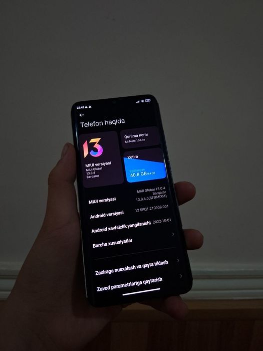 Xiaomi note 10 lite 
Xotirasi 64gb
Rangi tõq kõk
Zaryadchik bor
Ekran