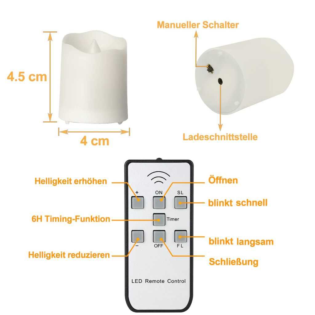 Set 12 lumanari LED reîncărcabile cu temporizator si telecomandă