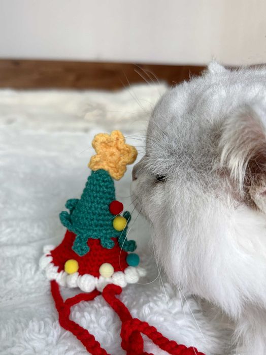Коледна шапка елха за котка или малко куче – сладък празничен аксесоар