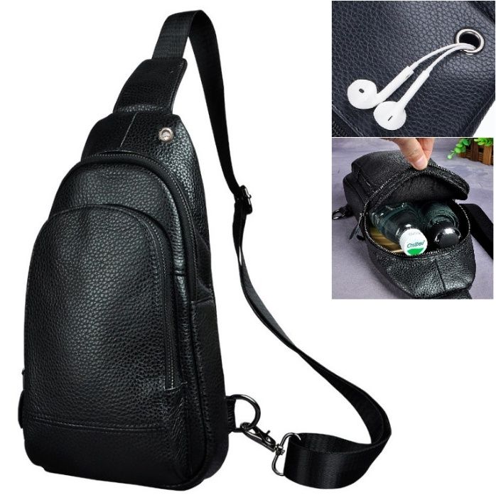 Кожена мъжка чанта за през рамо с два джоба и дупка за слушалки