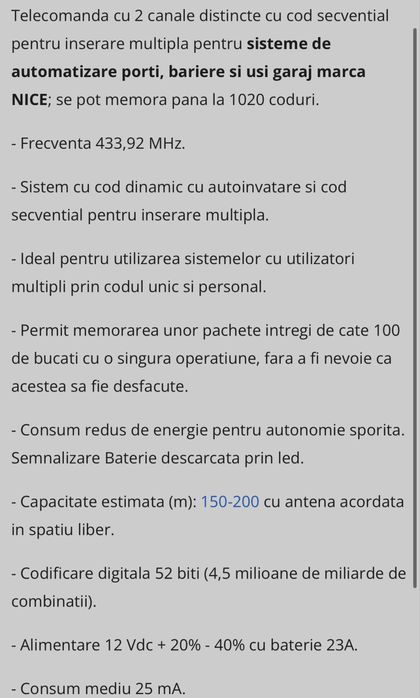 Telecomanda sistem automatizare porti/bariere si usi garaj marca NICE
