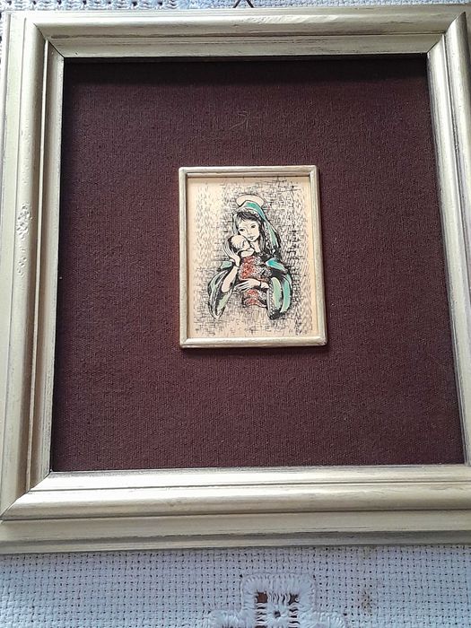 Tablou/pictură pe foiță aur 22K marcat - Madona cu pruncul - 22x20 cm