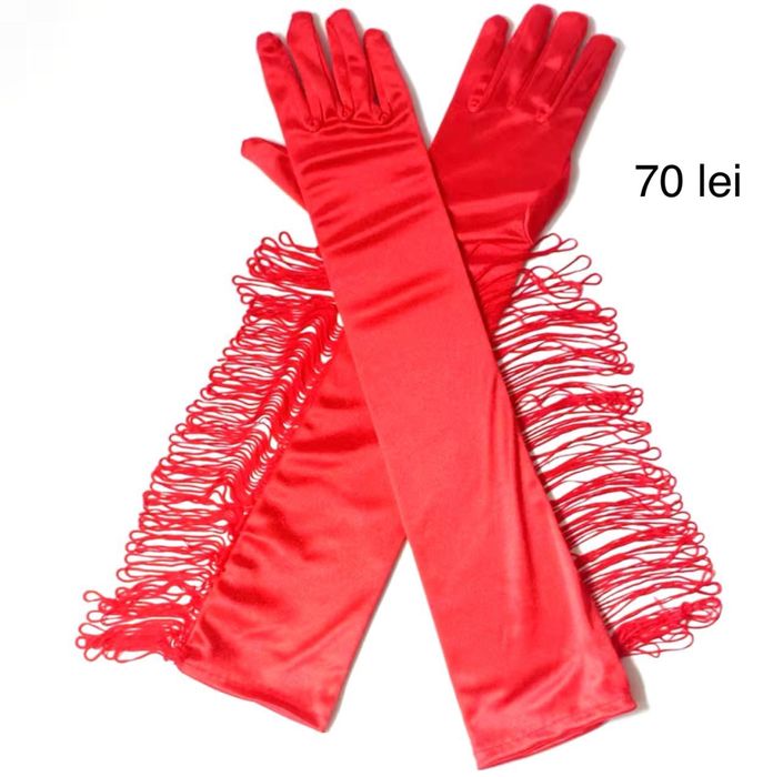 Manusi lungi cu PUF + Manusi lungi cu FRANJURI - negre / rosii