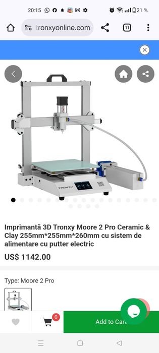 Imprimantă 3D Tronxy Moore 2 Pro Ceramic & Clay 255mm*255mm*260mm cu s