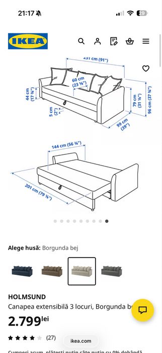 Canapea  3 locuri, extensibila Ikea