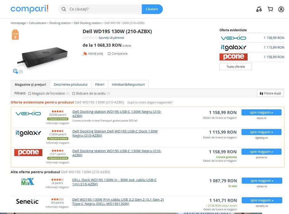 Docking station dell WD19S USB-C 130W -nou , sigilat