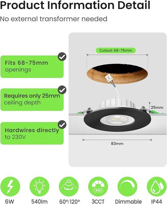 ALUSSO LED IP44 черни луни за вграждане димируеми 6W,540lm тънки 25 мм