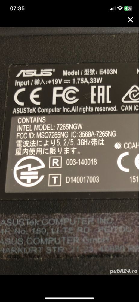 Laptop Asus Slim Defect display crapat nu porneste se vinde asa cum e.