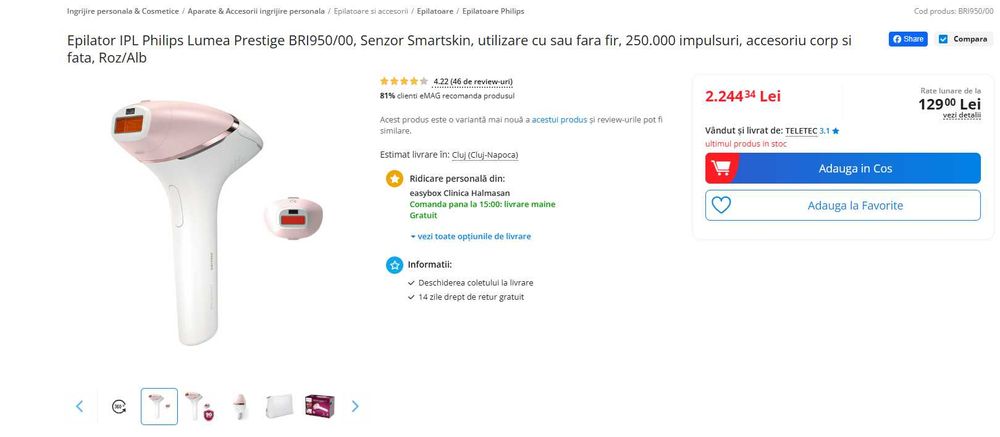 Epilator IPL Philips Lumea Seria 8000 Prestige BRI950/00