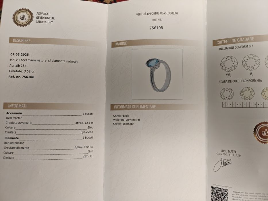 Inel Aur 18K Aquamarine Si Diamante Certificat
