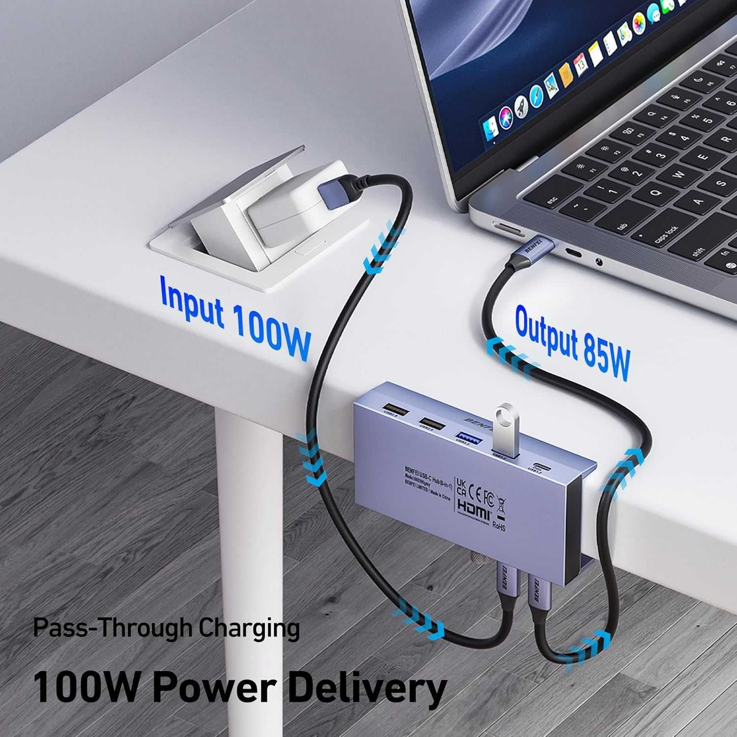 BENFEI 8-в-1 USB C хъб със сигурна скоба – 4K/60Hz HDMI, 2 x USB-A 3.2