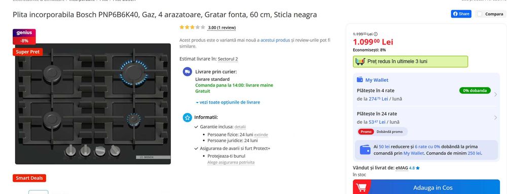 Vand plita cu gaz incorporabila PNP6B6K40 Bosch noua/garantie/factura