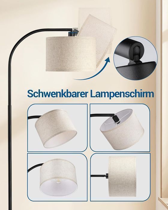 Lampă Arc de Podea EDISHINE 161 cm, Abajur Bej Ajustabil, E27, Negru