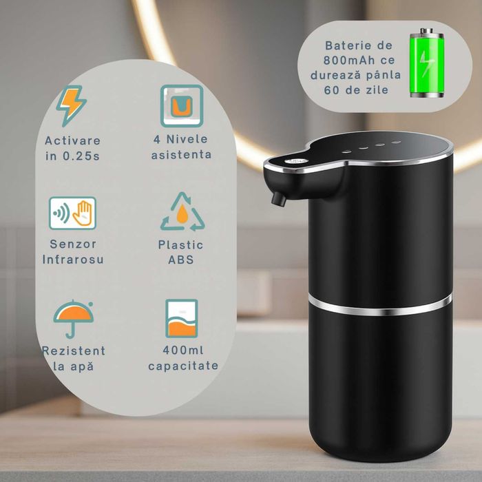 Dozator de sapun lichid sau spuma/ negru-alb/ rezistent apa/USB-C