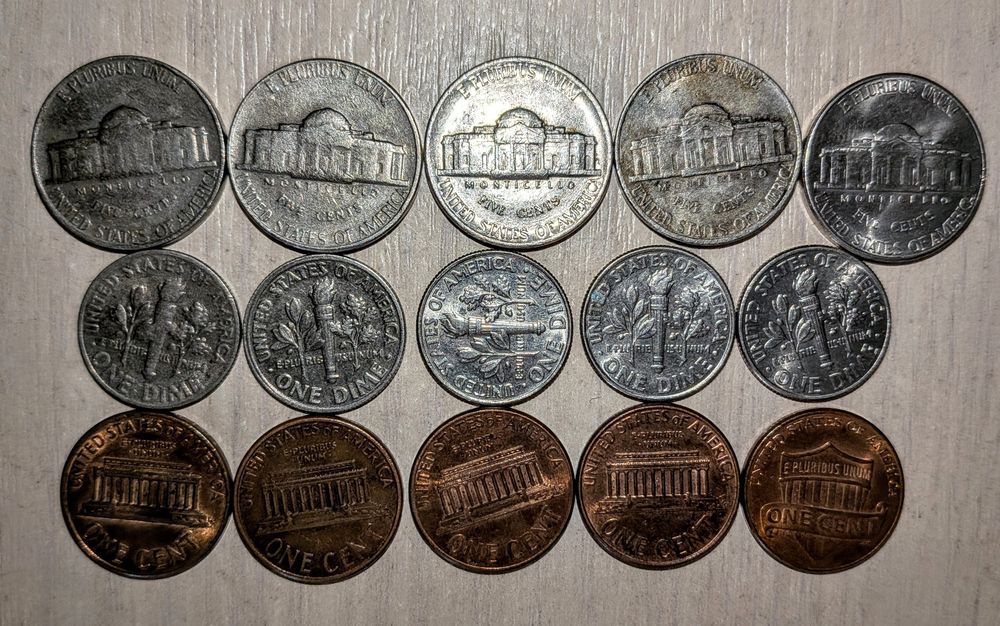 Lot monede vechi SUA America 5 cenți ('63, 69, 86, 99, '00), one dime