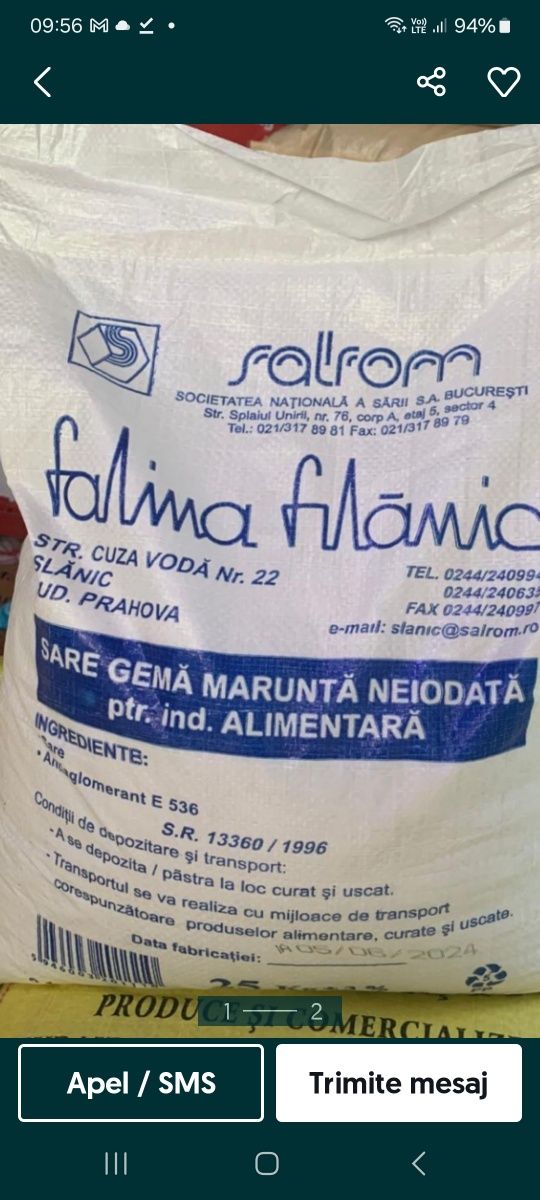 Sare Alimentara Neiodata 25 Kg Sac Salina Slănic Prahova