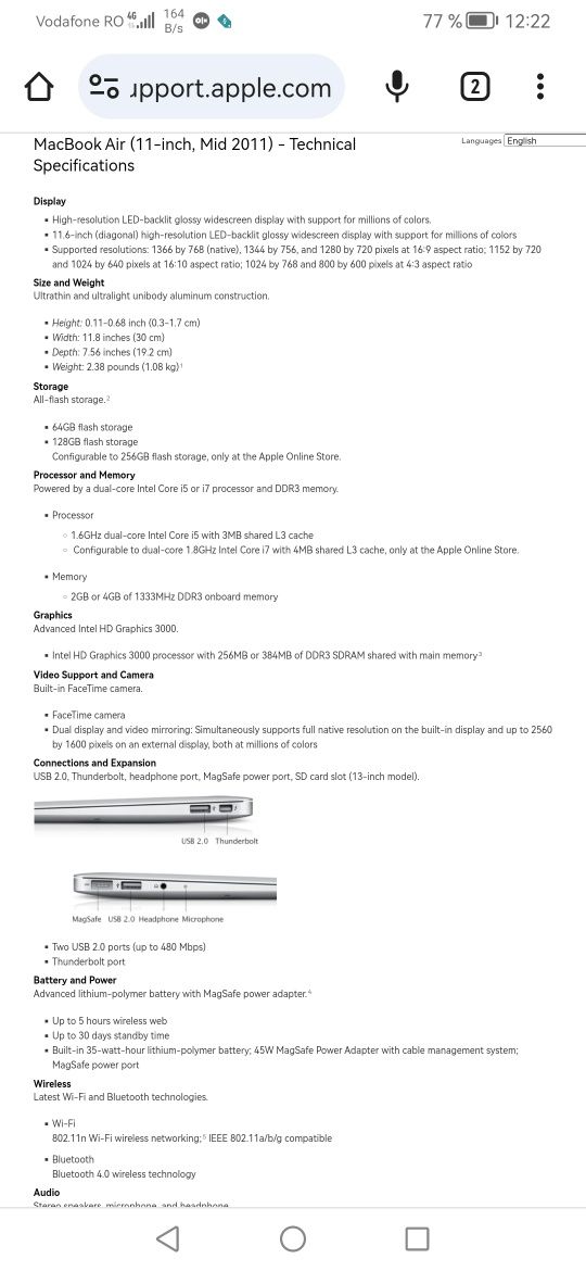 Vând laptop Macbook air A1370 2011 pentru piese