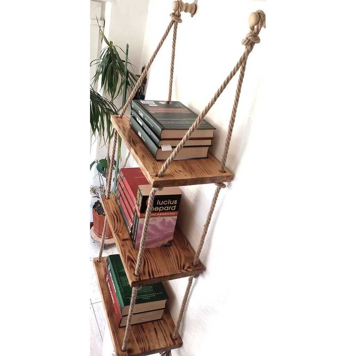 Raft suspendat din lemn ars si sfoara, handmade, rustic