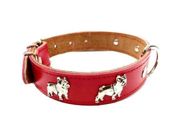 Zgarda Piele Naturala, cu Accesorii Bulldog, 25 mm x 60 cm, Rosu