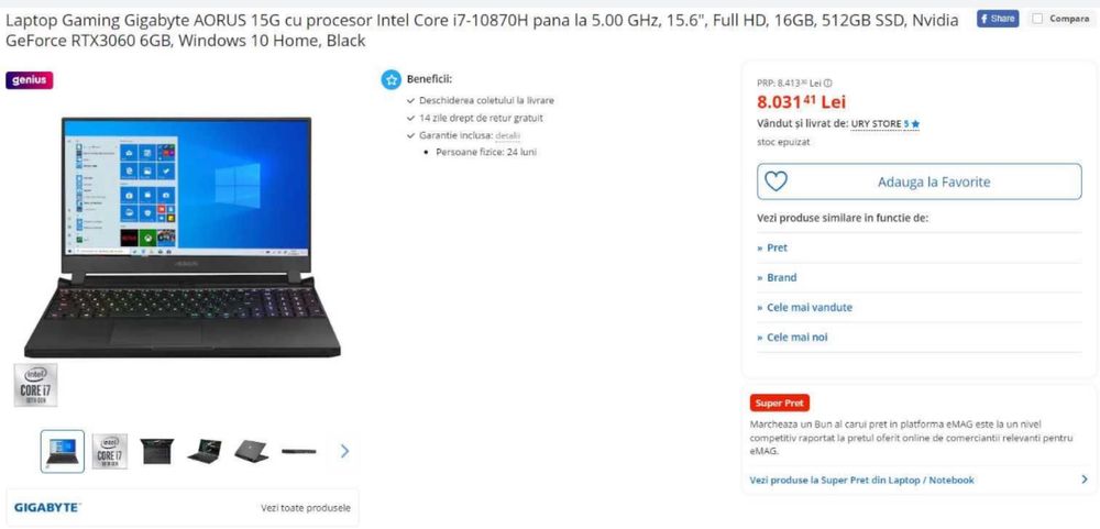 Gaming leptop Aorus 244 hz Gigabyte 15 Intel i7 Rtx 3060 super pret 30