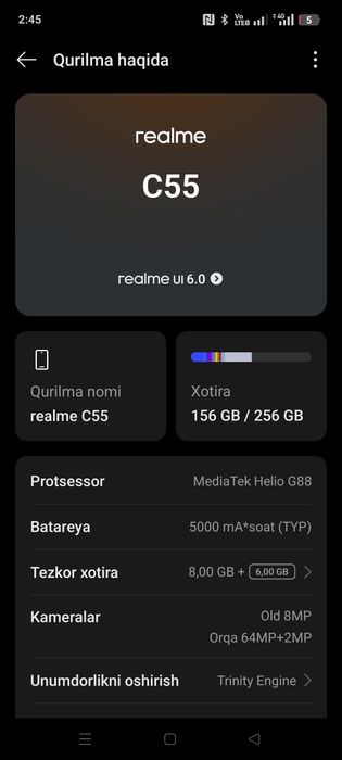 Realme c55 256gb 5000batarya 8 aporativ rangi belaya jemchug