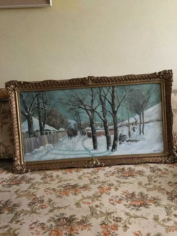 Tablau ulei pe panza,inramat, 60x50, peisaj de iarna, pictor Oancea