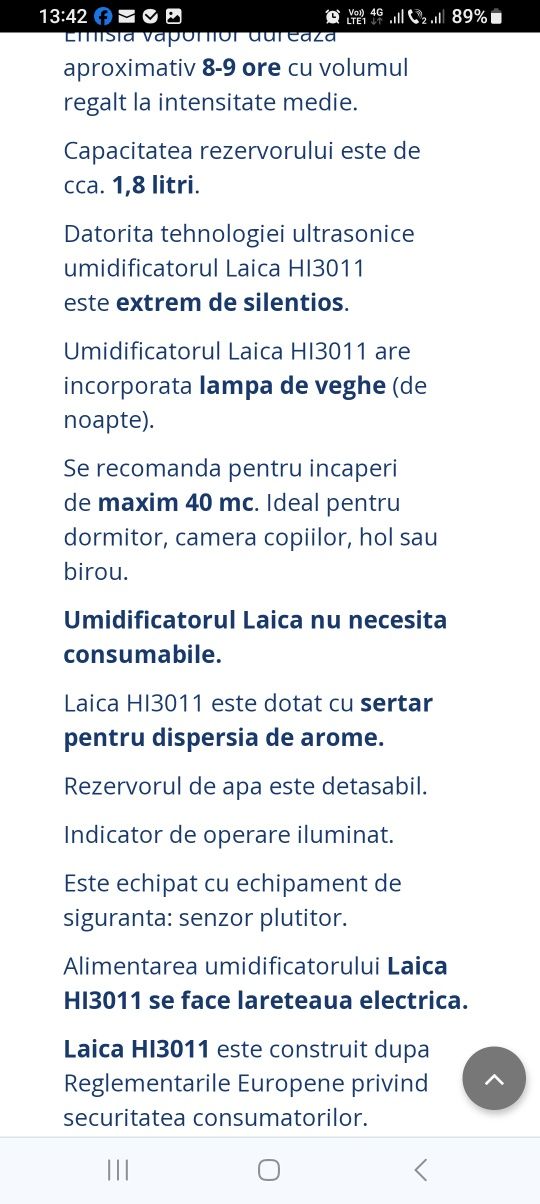 Umidificator laica cu ultrasunete și lumina de veghe