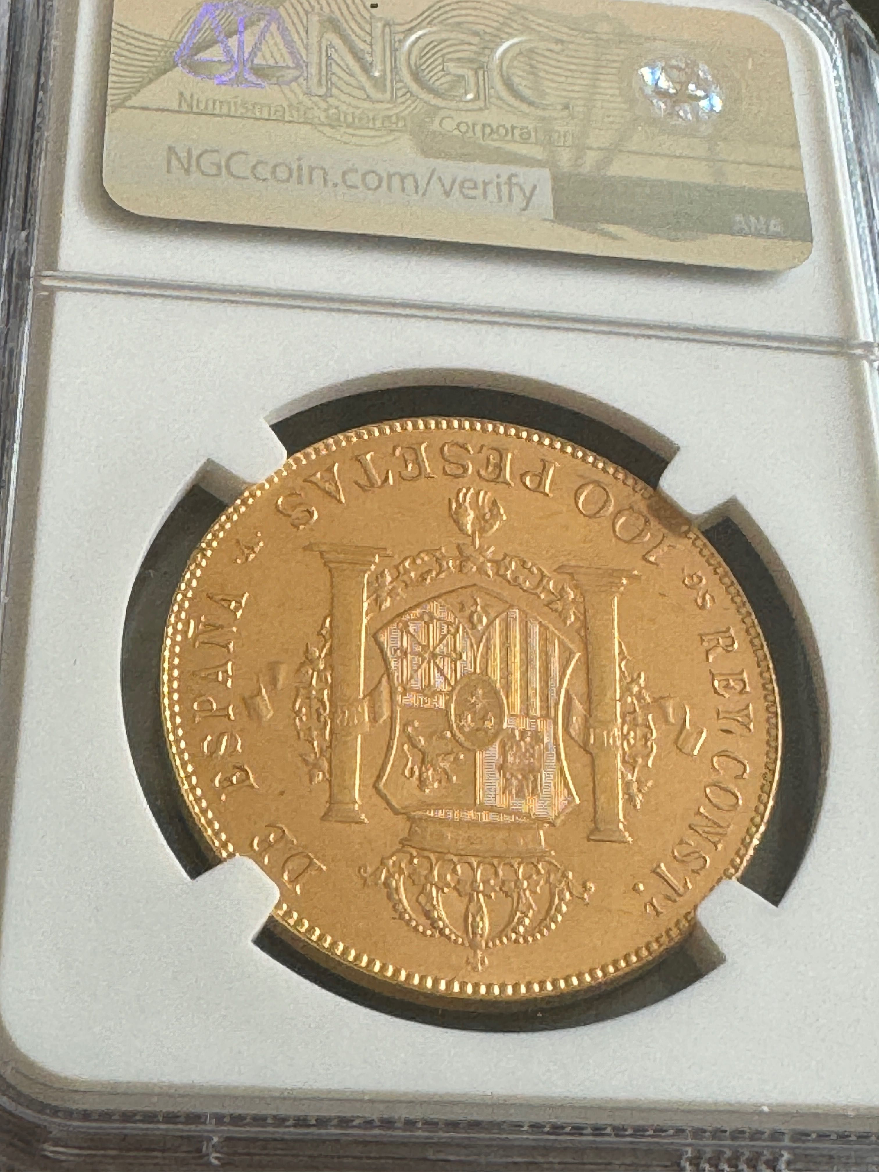 Рядка Златна Монета 100 Песети Испания 1962; NGC MS64;