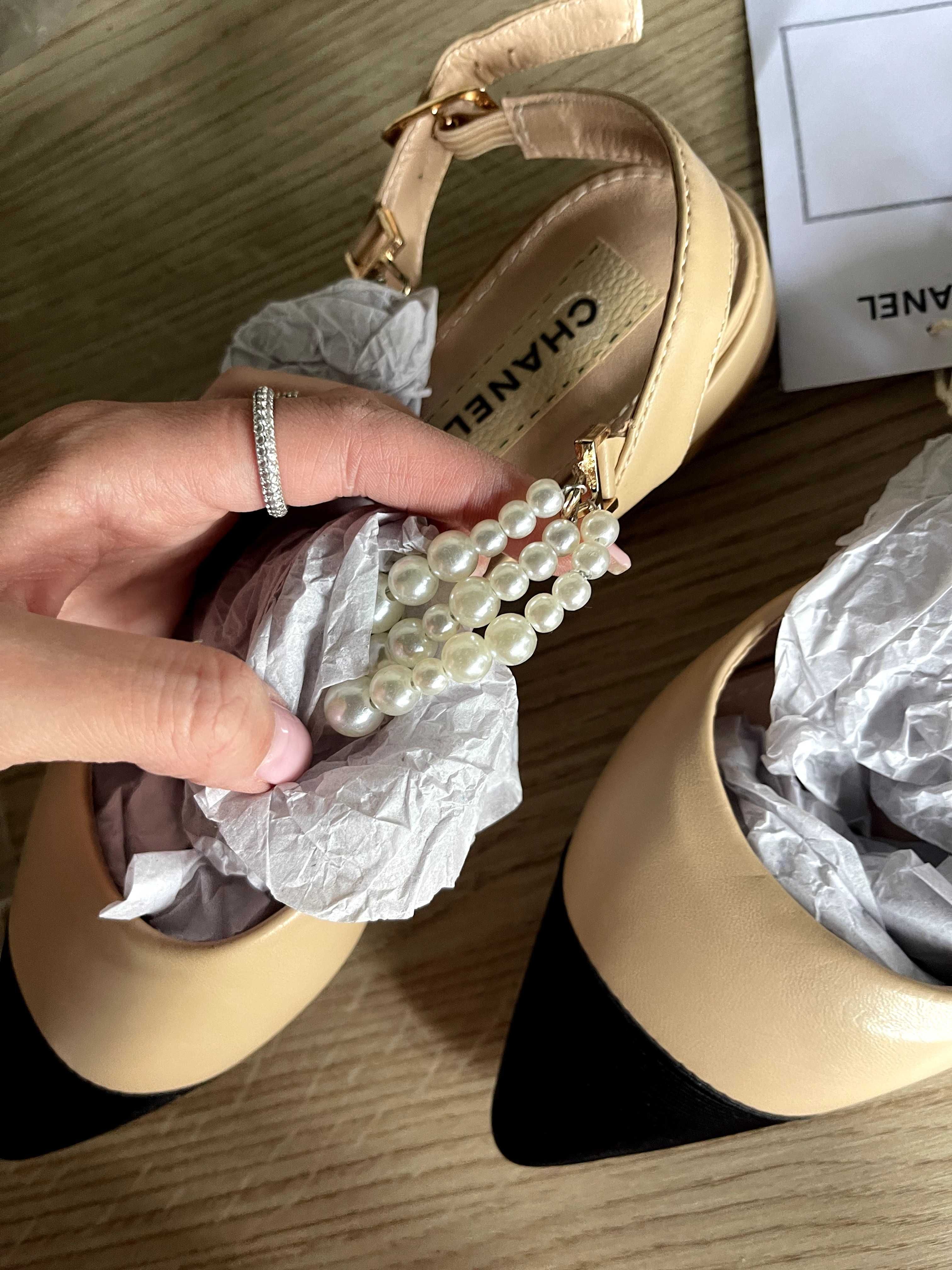 шанел обувки пантофки летни пролетни беж бежови с перли сандали chanel
