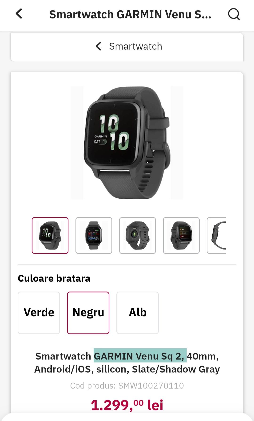 Smartwatch GARMIN Venu Sq 2, 40mm, Android/iOS, Silicon, Slate/Shadow.