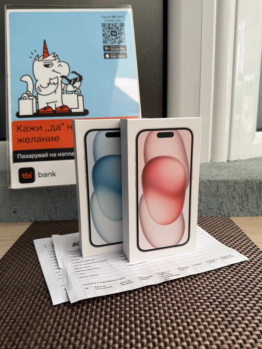 НЕРАЗПЕЧАТАН 24м ГАРАНЦИЯ iPhone 15 Лизинг от 53лв pink blue 128гб син