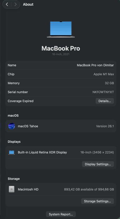 Macbook Pro 16' M1 Max 32RAM 1TB SSD