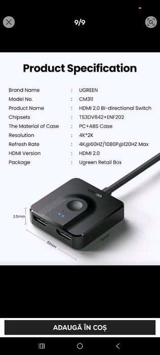 Vând Splitter Hdmi bidirecțional Ugreen 4k60hz