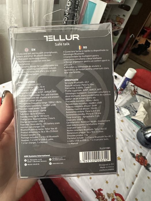 Casca Bluetooth Tellur Vox 60, incarcator auto, negru