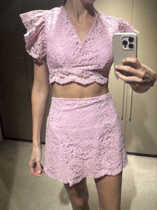 Комплект от топ и пола Vincit by Vesela Toteva, розов цвят, ХС