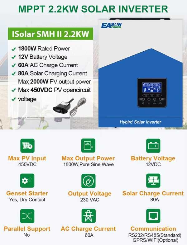 Соларен инвертор Easun 2.2KW 12V 220V MPPT 80A PV 450V Off-Grid WIFI