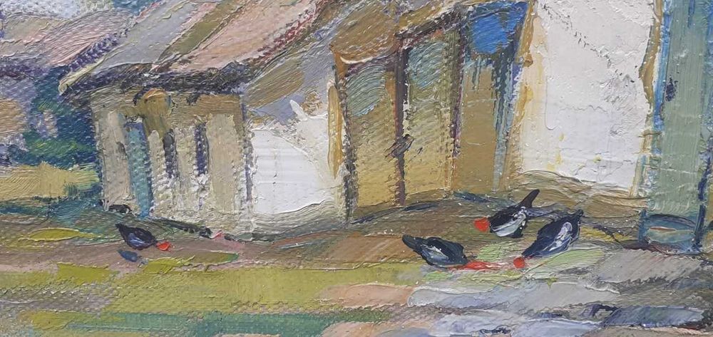 Tablou vechi - curte cu pasari domestice - semnat Baesu