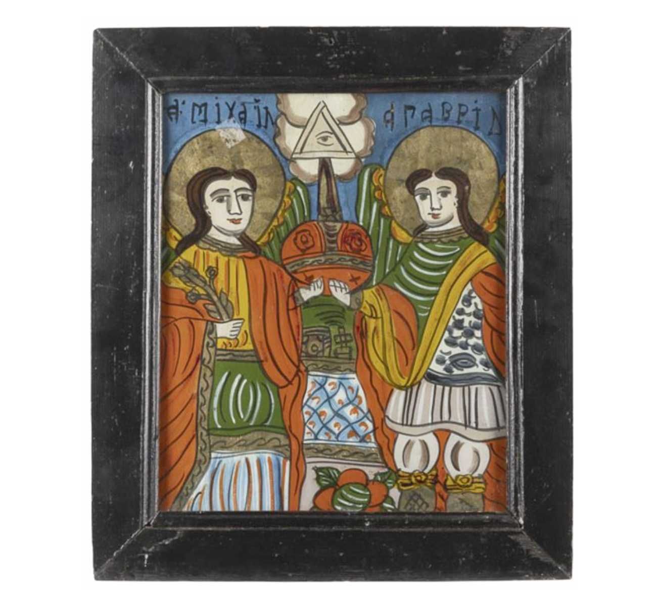 Icoană pe glajă „Sf. Mihail și Gavril”, atelier din Nicula, sec. XIX