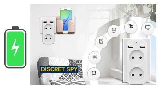 Cameră spion Wi-Fi 1080p ascunsă în adaptor de priză dublu cu USB 
.