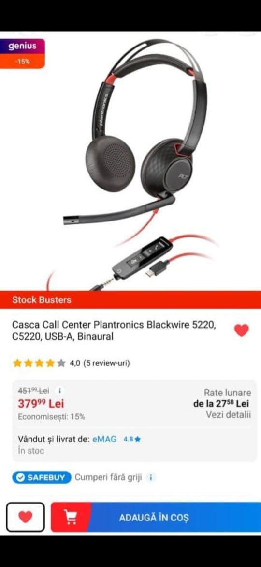 Casca Call Center Plantronics Blackwire 5220, C5220, USB-A, Binaural