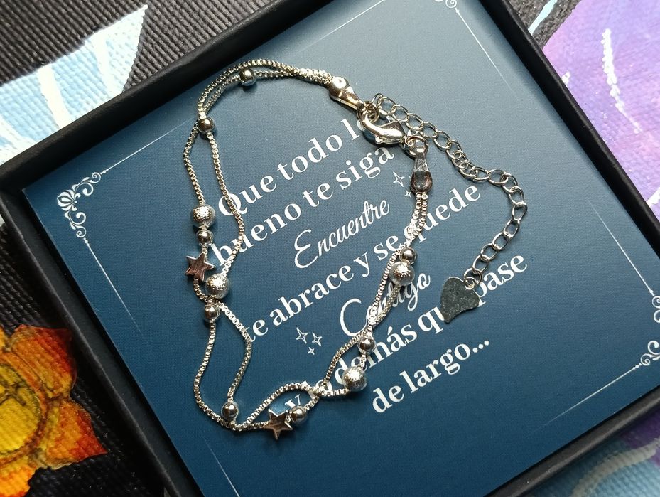 Brățară din Argint 925 – Model Dublu cu Steluțe, Biluțe și Charm Inimă