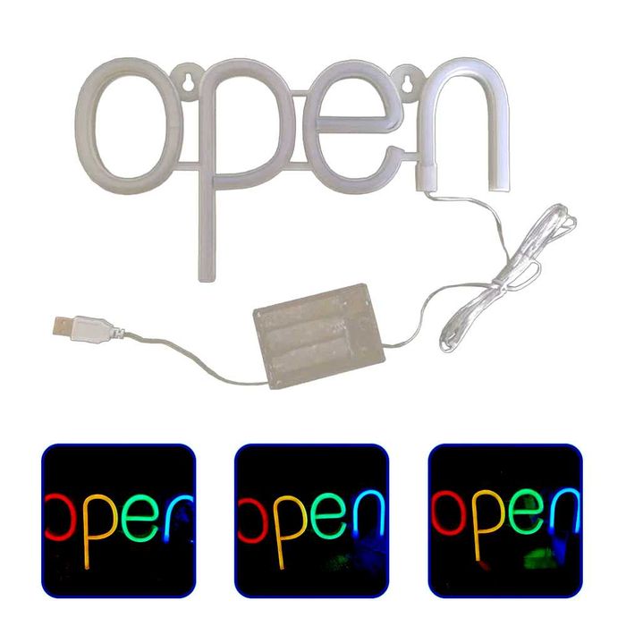 Reclama luminoasa LED Neon, "OPEN", Temark, multicolor, 28.8x14.5 cm