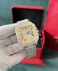 Cartier Santos Mens Large Model Steel Watch Yellow Roman Iced Diamonds