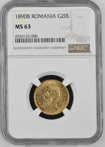 Moneda AUR 20 lei 1890 MS63 , Carol I, grad foarte bun si RAR!