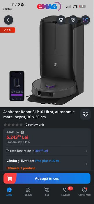 Aspirator Robot 3I P10 Ultra, autonomie mare, negru, 30 x 30 cm NOU