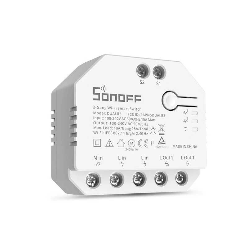 SONOFF DUALR3 – Двуканален WiFi превключвател с измервателен уред 15А